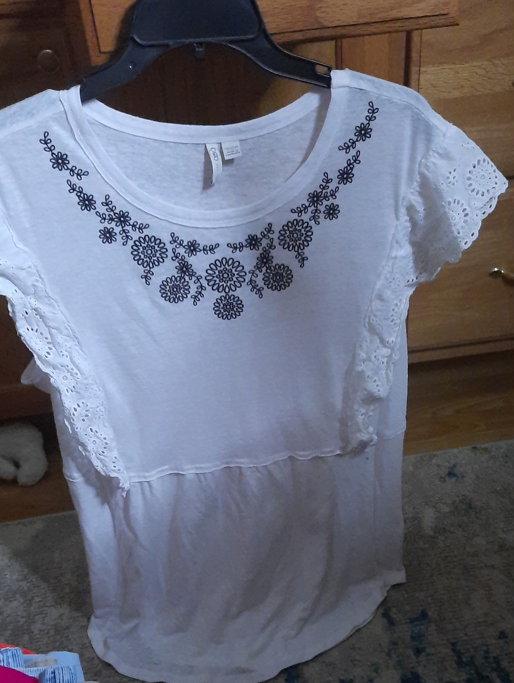 Cato White Short Sleeve Tee with Black Floral Embroidery
